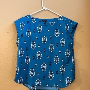 Ann Taylor Teal Blue Floral Print Cap Sleeve Blouse